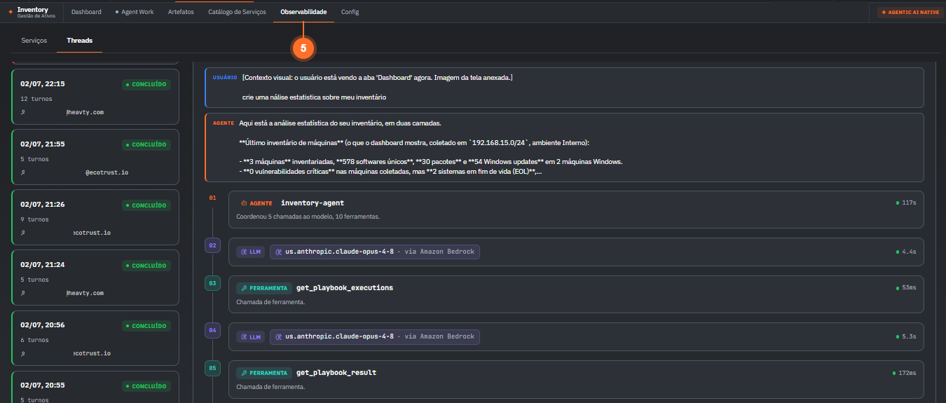 Aba Observabilidade do Agentic OS com a lista de threads e o detalhamento de uma execução: agente, chamadas ao modelo e ferramentas.